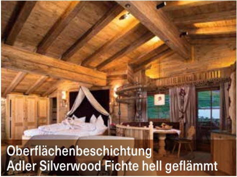Oberflächenbeschichtung Adler Silverwood Fichte hell geflämmt, Werkseitige Oberflächenbeschichtung